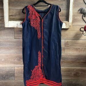 Vintage Women’s Kurta Tunic Embroidered Silk Like Red Blue Size XL